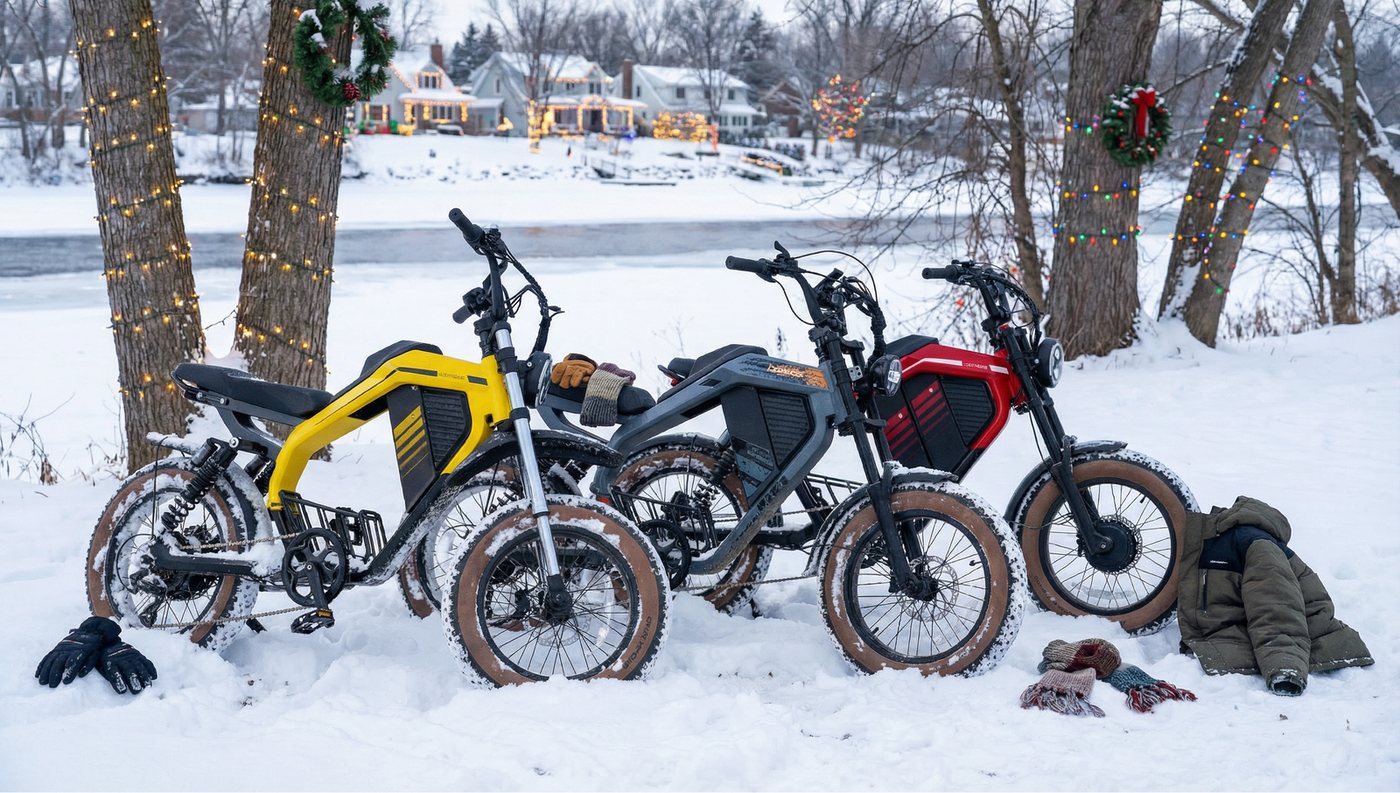 Tres bicicletas eléctricas aparcadas en un camino nevado
